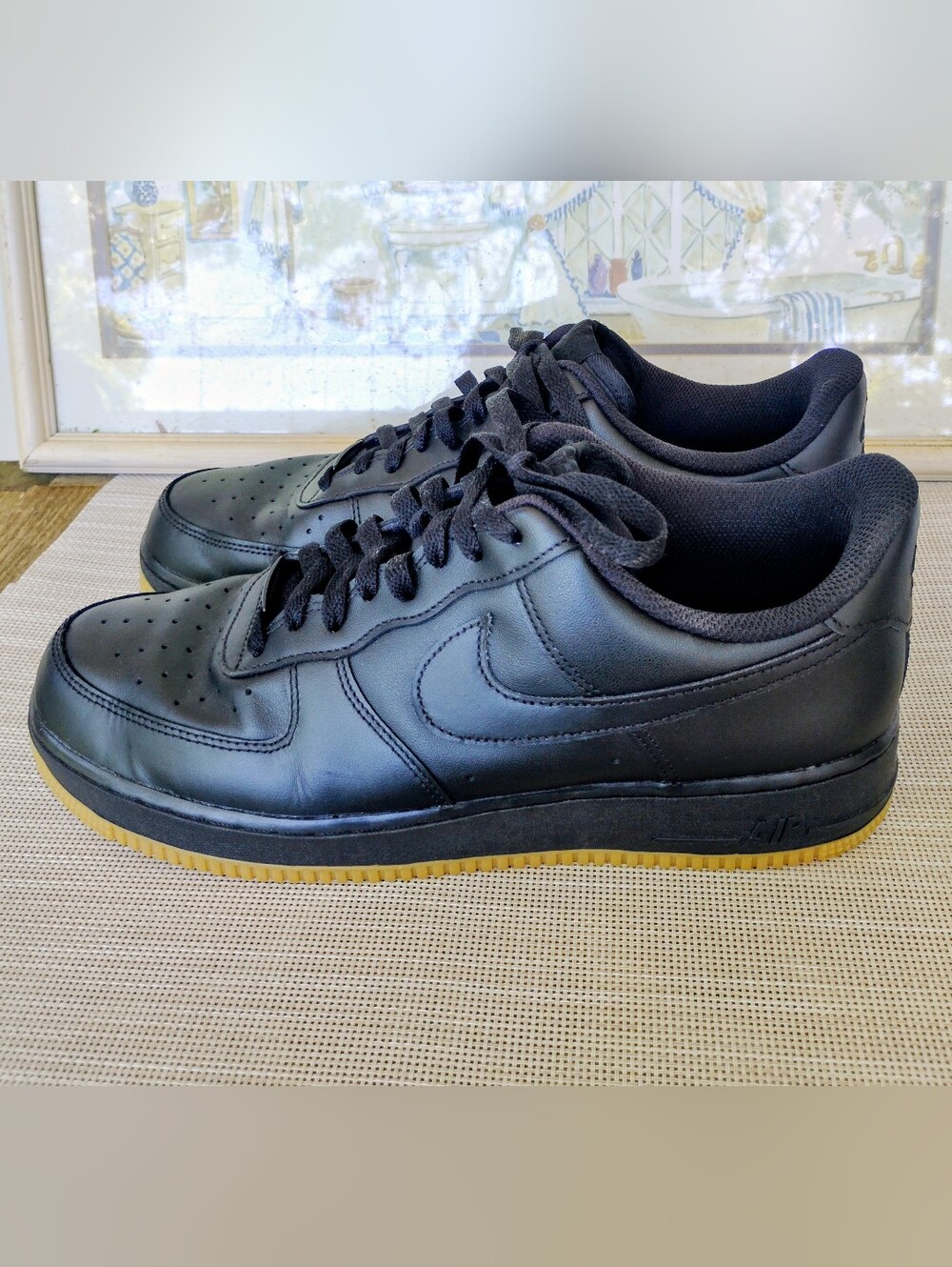 Nike "Air Force 1 Low" "07 Black Gum" Black Leather/Gum Sneakers. Size 11.